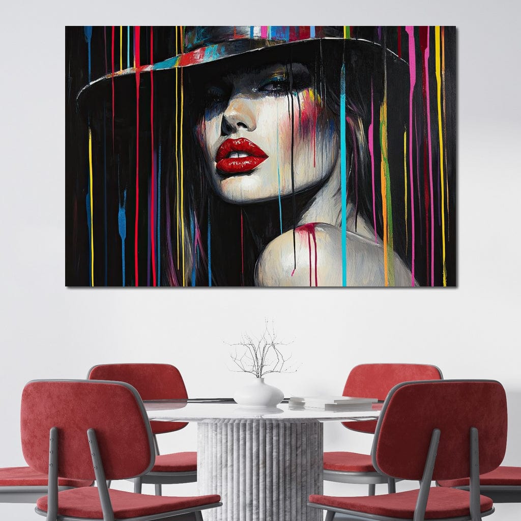Tablou Canvas Premium, LuxCanva® G1099, Drama Culorilor, Glam, Neon, Buze, Rosii, Excentric, Gratii, Palarie, Portret, Feminism, Living, Dormitor