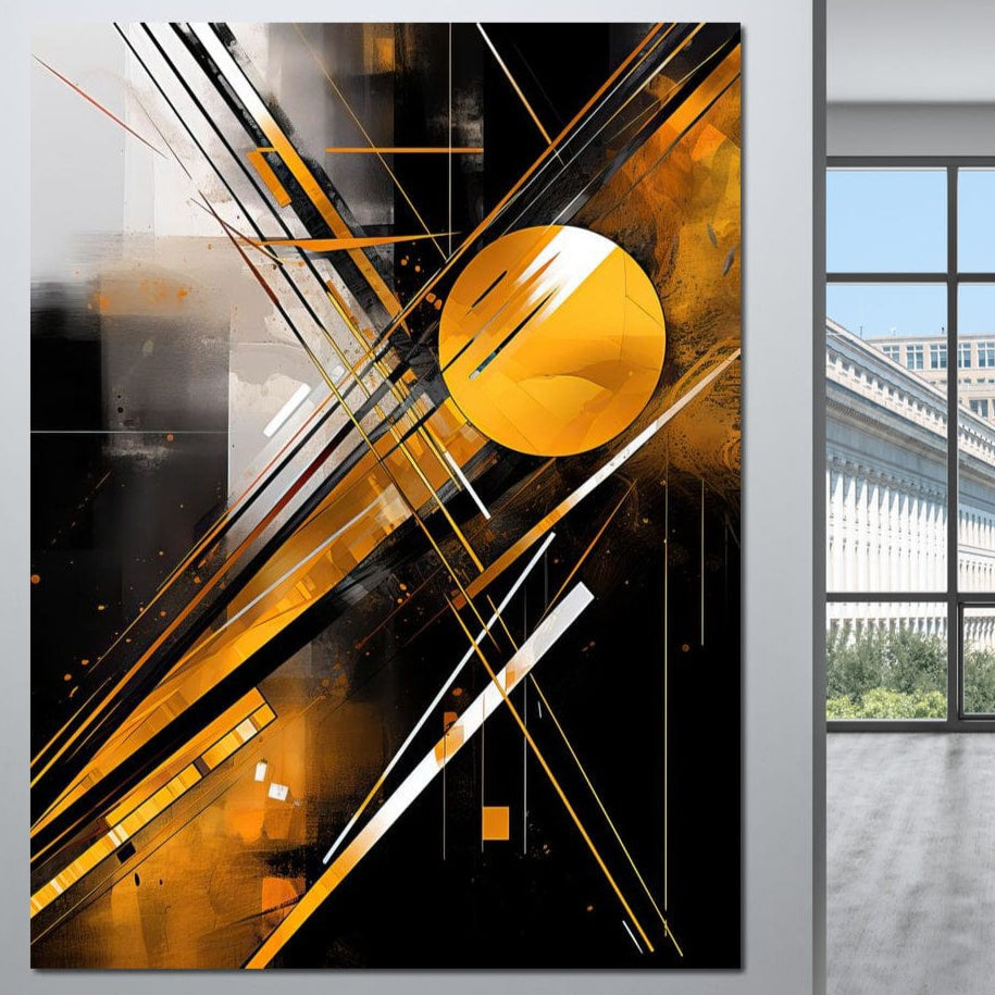 Tablou Canvas Premium, LuxCanva® J1026, Impactul Viitorului, Futurism, Putere, Stralucire, Inovatie, Miscare, Galben, Negru, Furtuna, Traiectorii, Living, Dormitor