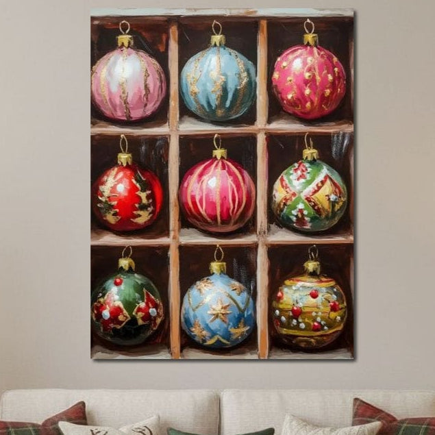 Tablou Canvas Premium LuxCanva® D1069, Magia Ornamentelor: un decor festiv cu nouă globuri colorate de Crăciun, fiecare în propriul compartiment, aranjate 3x3 - ideal pentru living sau camera copilului.