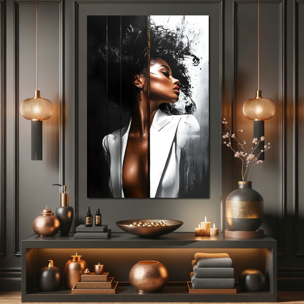 Tablou Canvas Premium, LuxCanva® G1182, Forta Feminitatii, Alb, Negru, Stil, Eleganta, Armonie, Lux, Urban, Auriu, Blazer, Par, Portret, Dinamism, Fashion, Birou, Living, Dormitor