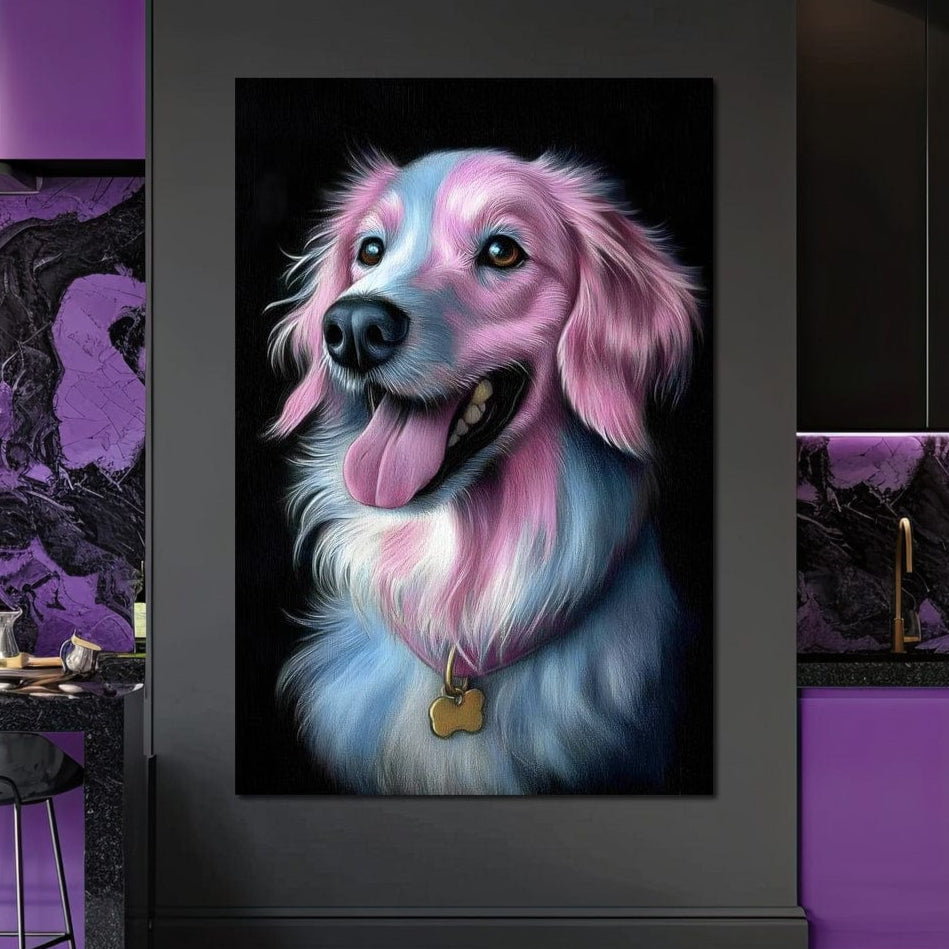 tablou canvas cu un labrador cu blanita in nuante de roz si albastru pastelat, purtand o zgarda aurie pe fundal inchis