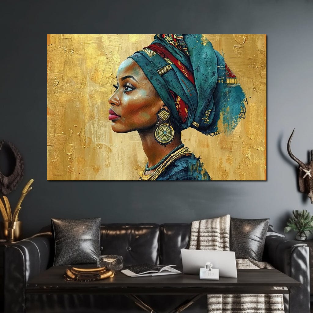 Tablou Canvas Premium, LuxCanva® G1126, Regina din Nisipuri, African, Regal, Turban, Traditie, Cultura, Identitate, Gold, Etnic, Mostenire, Living, Dormitor