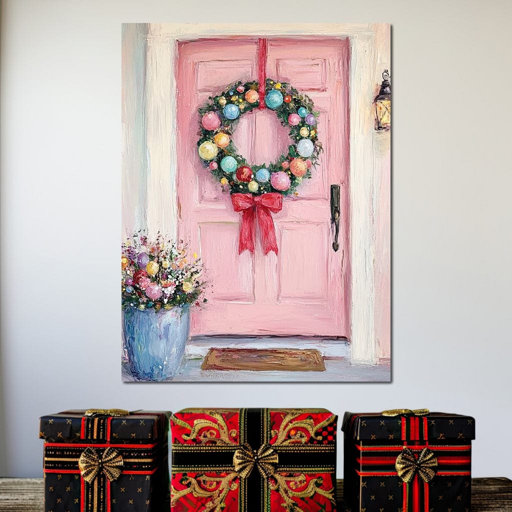 Tablou Canvas Premium LuxCanva® D1060, Bine ai Venit, Craciun , Coronita, Roz, Usa, Festiv, Craciun, Musafiri, Living Room, Culori vibrante