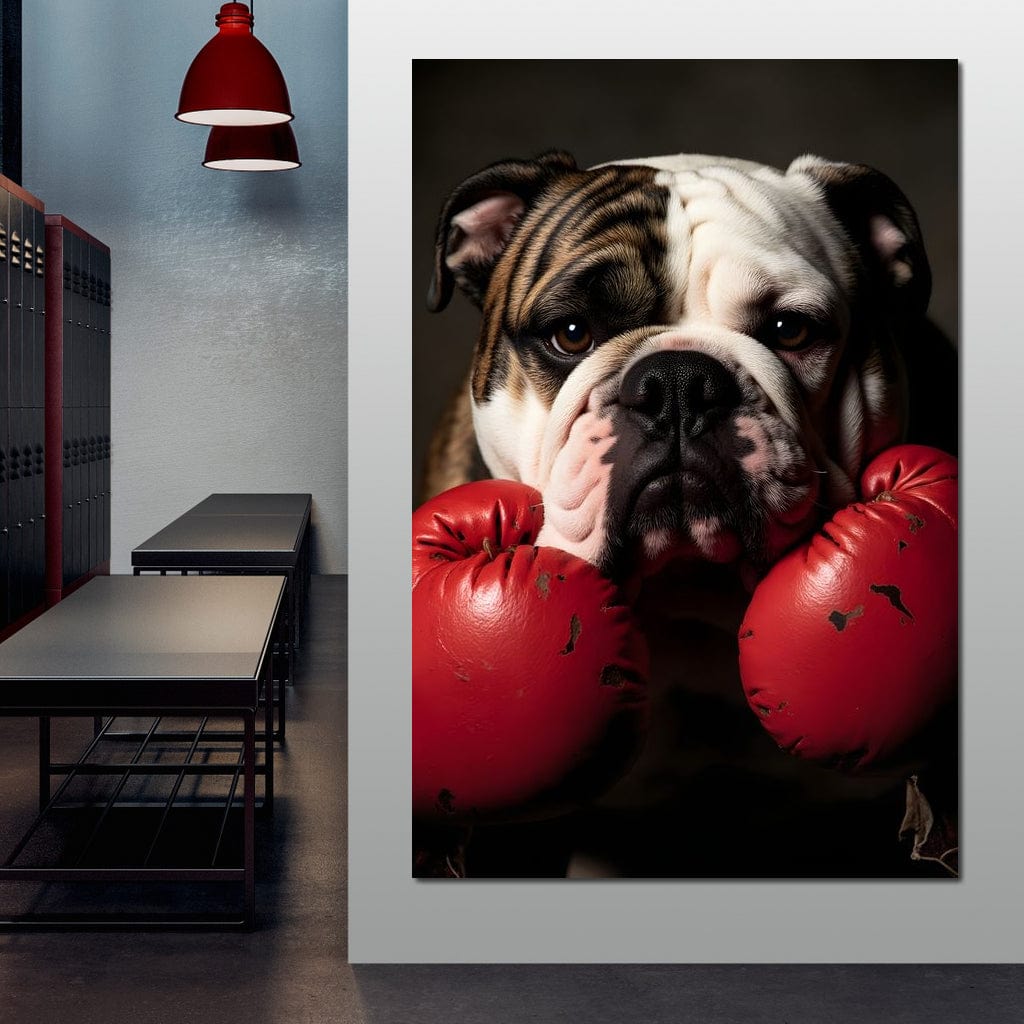 tablou canvas cu un bulldog cu manusi de box rosii, pe fundal inchis