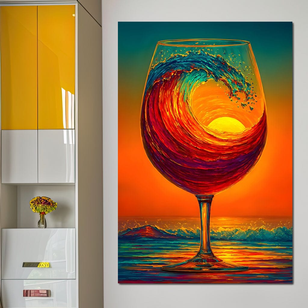 tablou canvas cu un pahar de vin rosu in valuri, pe o plaja la apus de soare