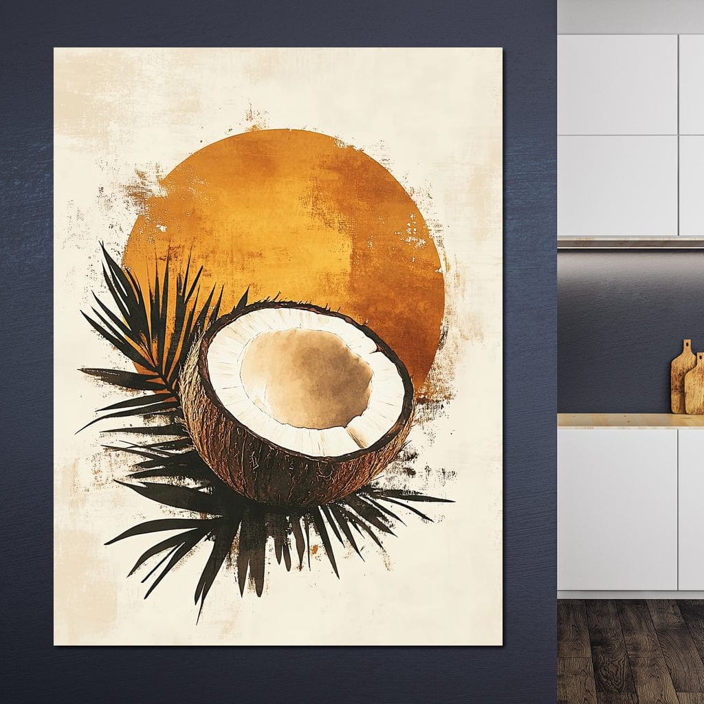 tablou canvas cu o nuca de cocos pe frunze de palmier, pe fundal deschis cu un cerc auriu