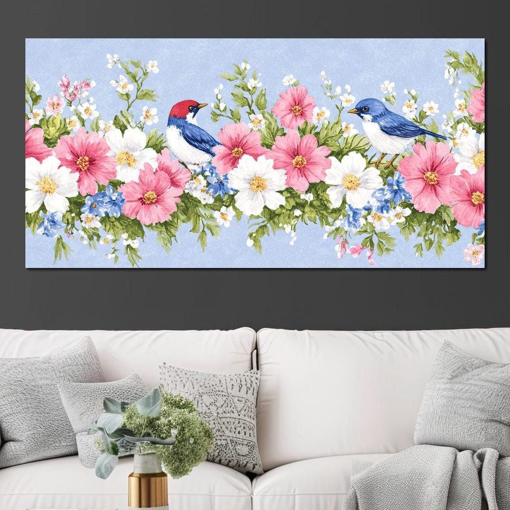 tablou canvas cu doua pasari colorate pe o creanga cu flori roz si albe