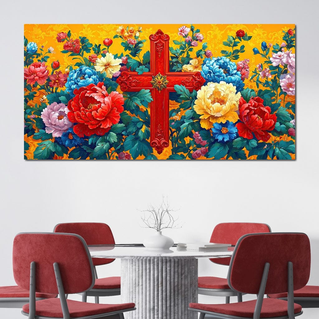 Tablou Canvas Premium LuxCanva® H1058, Credinta Vie, Credinta, Cruce, Flori, Gradina, Lumina, Rasarit, Speranta, Puritate, Spiritualitate, Simbol Sacru, Living, Dormitor