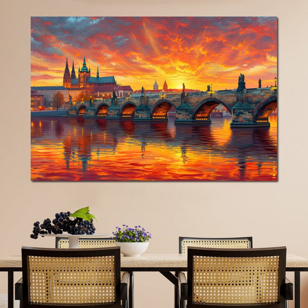 Tablou Canvas Premium, LuxCanva® O1001, Praga in Flacarile Cerului, Pod, Apus, Carol, Reflexii, Aur, Magie, Oras, Rau, Catedrala, Romantism, Medieval, City, Splendoare, Birou, Living, Dormitor