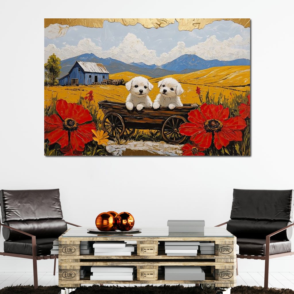 tablou canvas cu doi catelusi albi intr-un caruta de lemn rustica, in mijlocul unui lan auriu de vara, inconjurati de maci rosii si o ferma albastra in departare
