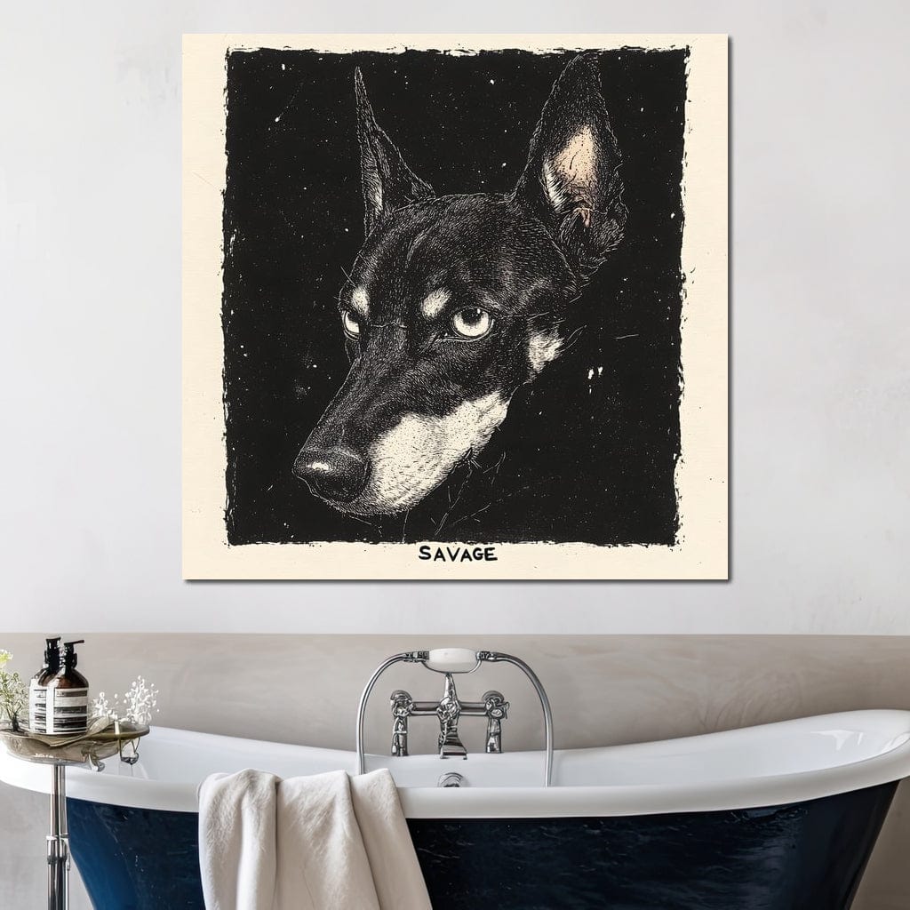 tablou canvas cu portretul unui caine cu privire intensa, realizat in stil grafic texturat, pe fundal negru