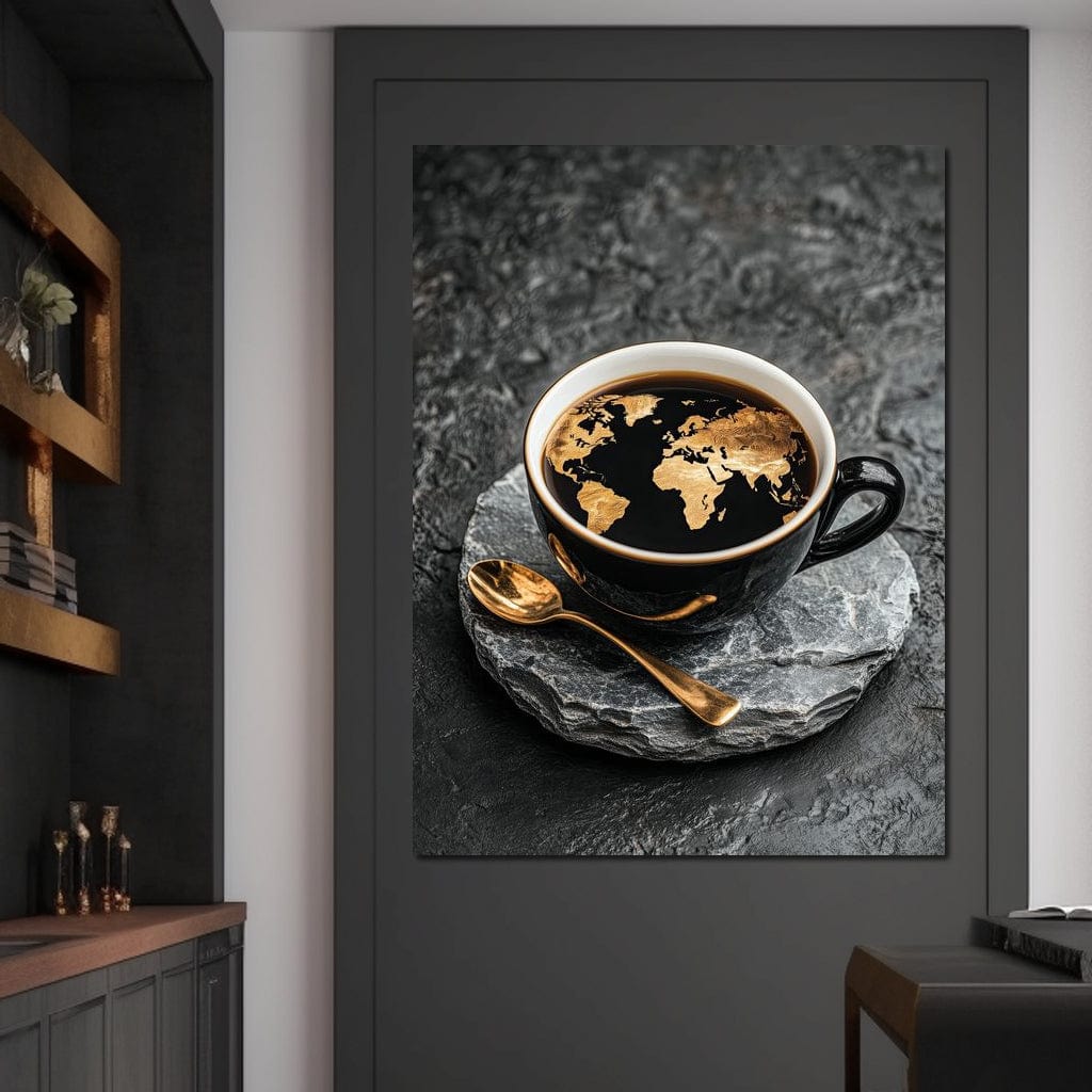 tablou canvas cu harta lumii in nuante aurii, intr-o ceasca cu cafea neagra, alaturi de o lingurita de aur, pe fundal texturat de piatra