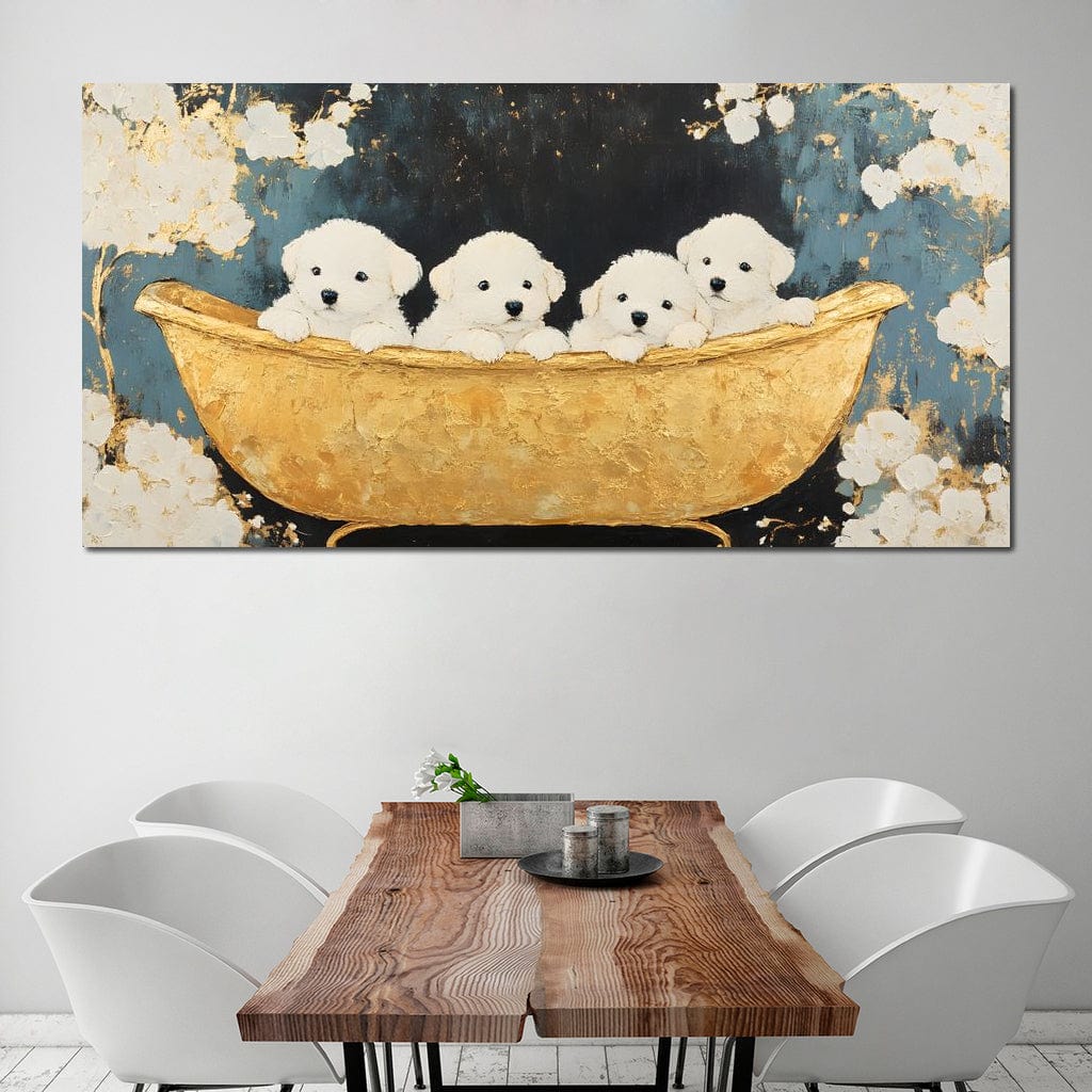 tablou canvas cu patru catelusi albi si pufosi intr-o cada aurie vintage, pe fundal artistic stil marmura cu detalii aurii