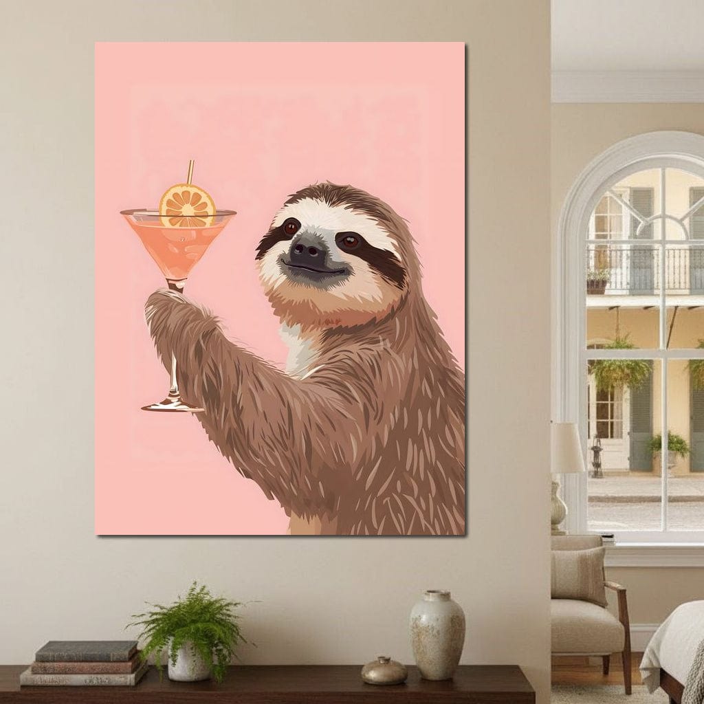 tablou canvas cu un lenes cu un pahar de cocktail, pe fundal roz pastelat