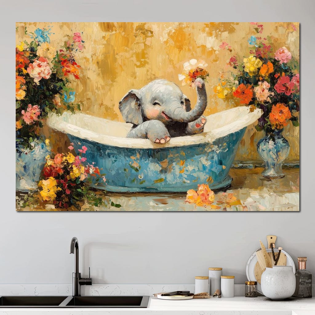tablou canvas cu un pui de elefant intr-o cada decorata cu flori colorate, pictat in stil expresiv si jucaus