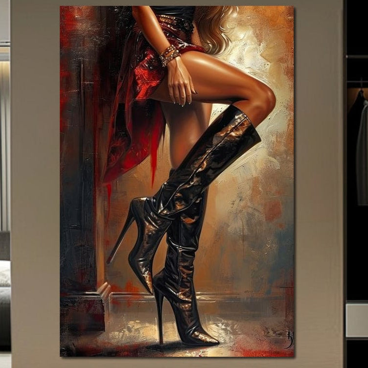 Tablou Canvas Premium, LuxCanva® G1193, Atitudine pe Tocuri, Cizme, Rochie, Rosu, Senzualitate, Provocator, Nocturn, Luciu, Seductie, Picioare, Trup, Fashion, Birou, Living, Dormitor