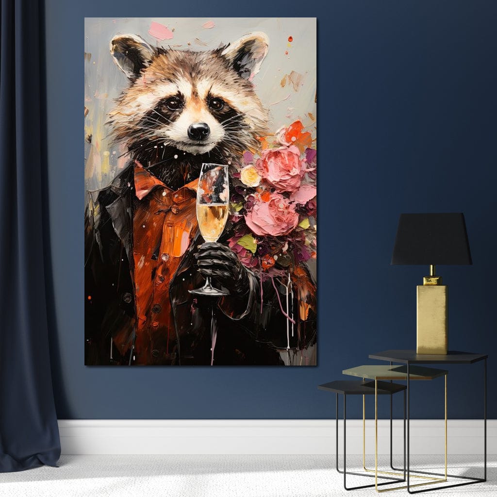 tablou canvas cu un raton imbracat in costum elegant, cu un pahar de sampanie si un buchet de flori pe umar, pe fundal abstract