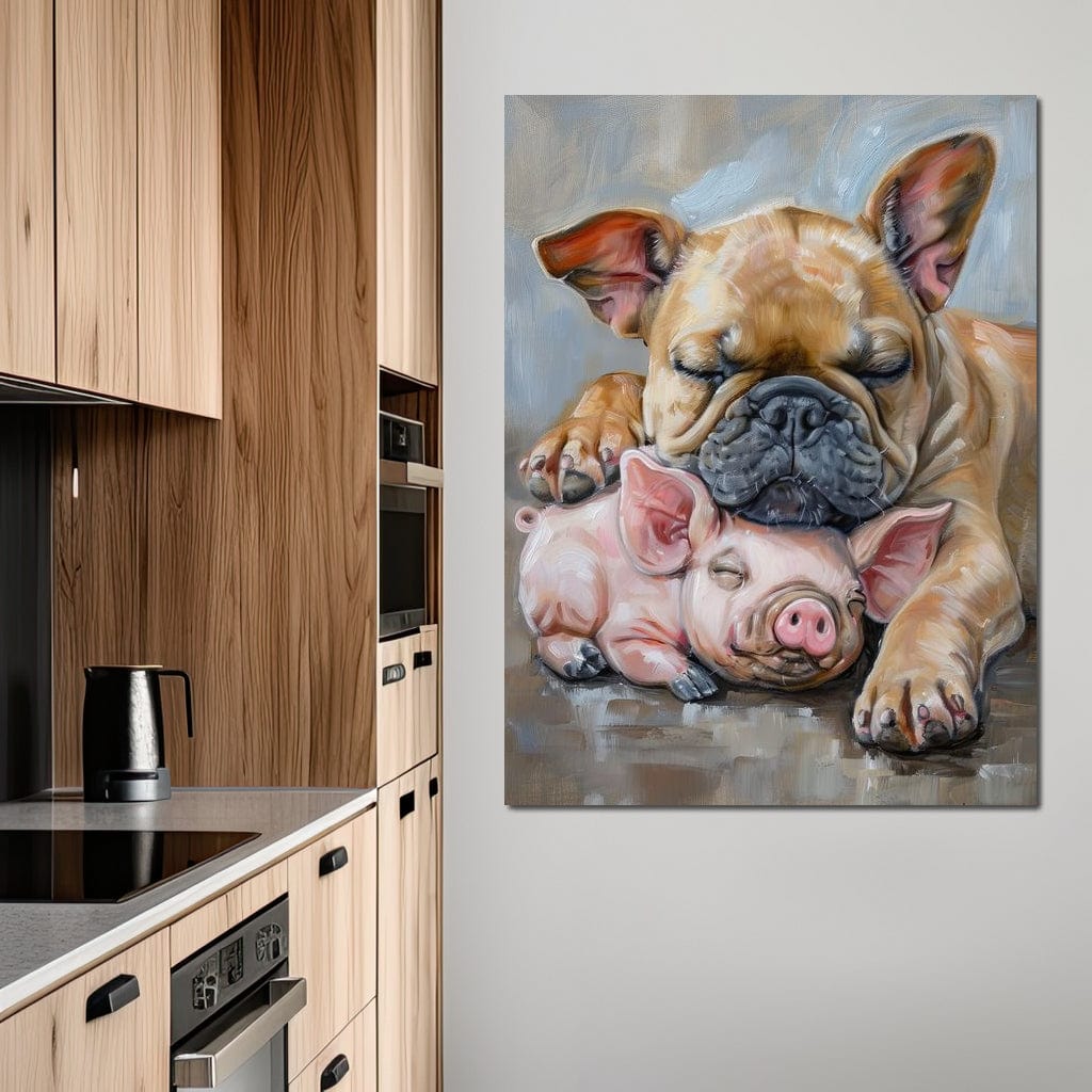 tablou canvas cu un bulldog si un purcelus roz dormind profund, pe fundal abstract stil pictura in acuarela