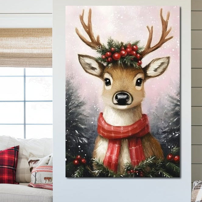 Tablou Canvas Premium, LuxCanva® D1088, Renul cu Coronita, Cornite, Salbatic, Animal, Padure, Fermecat, Fular, Rosu, Mos Craciun, Sanie, Dasher, Vixen, Copii, Horn, Camera Copil, Living, Dormitor