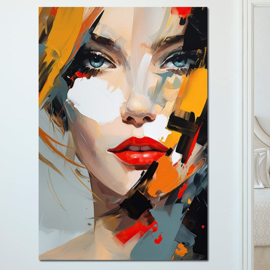 Tablou Canvas Premium LuxCanva® G1204 - portret modern abstract al unei femei cu ochi albaștri și buze roșii, în tonuri vibrante de galben, negru, alb, roșu și gri; ideal pentru birou sau living.