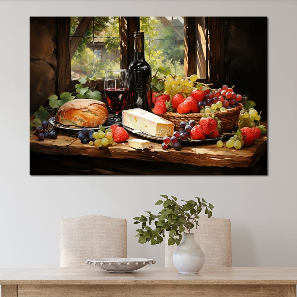tablou canvas cu o sticla de vin, paine, branza si fructe asezate pe o masa de lemn, intr-o atmosfera rustica