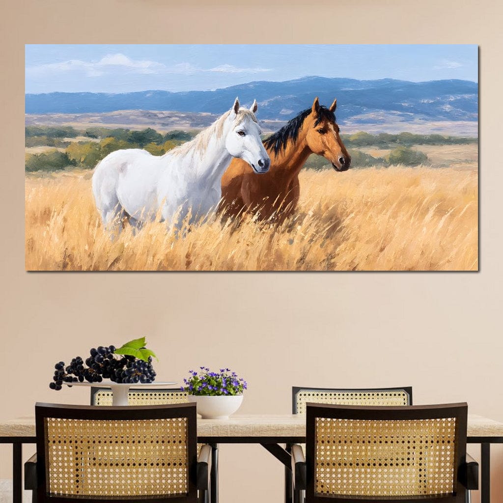 tablou canvas cu un cal alb si un cal maro, intr-un lan auriu, pe fundal cu peisaj natural luminos