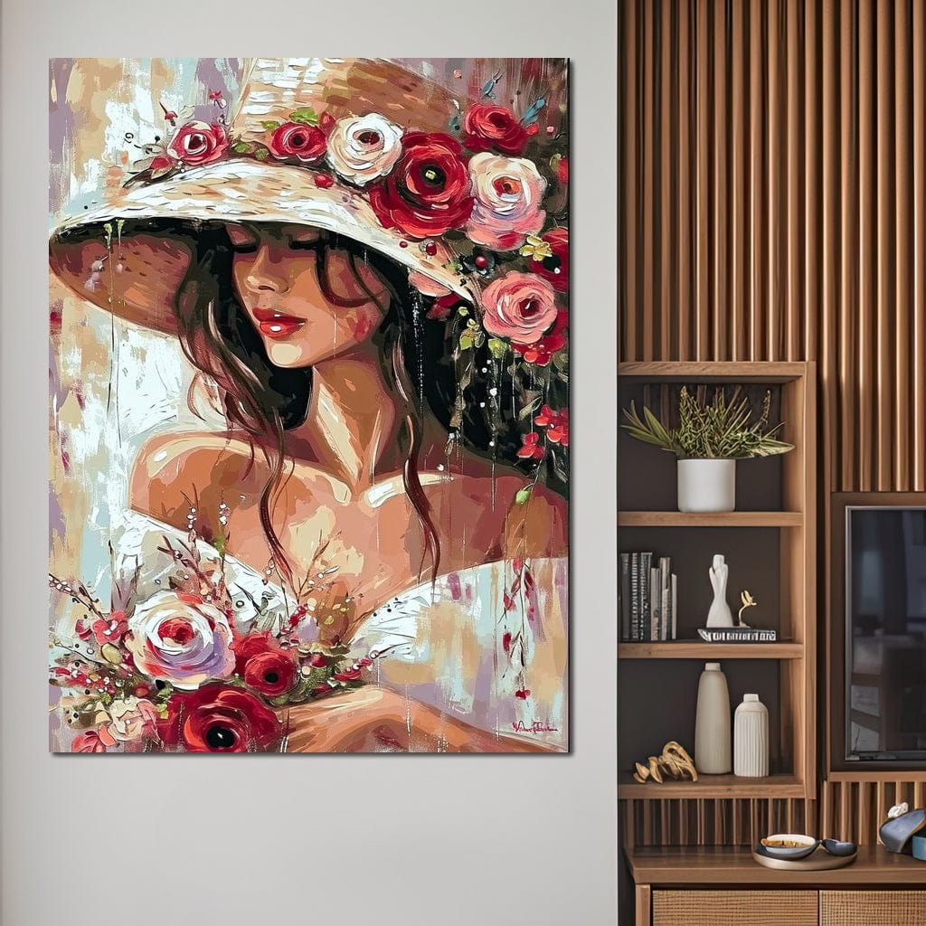 Tablou Canvas Premium LuxCanva® GV1050, Tandretea Florilor, Eleganta, Palarie, Flori, Arta, Romantism, Portret, Natura, Artistic, Vara, Living, Dormitor