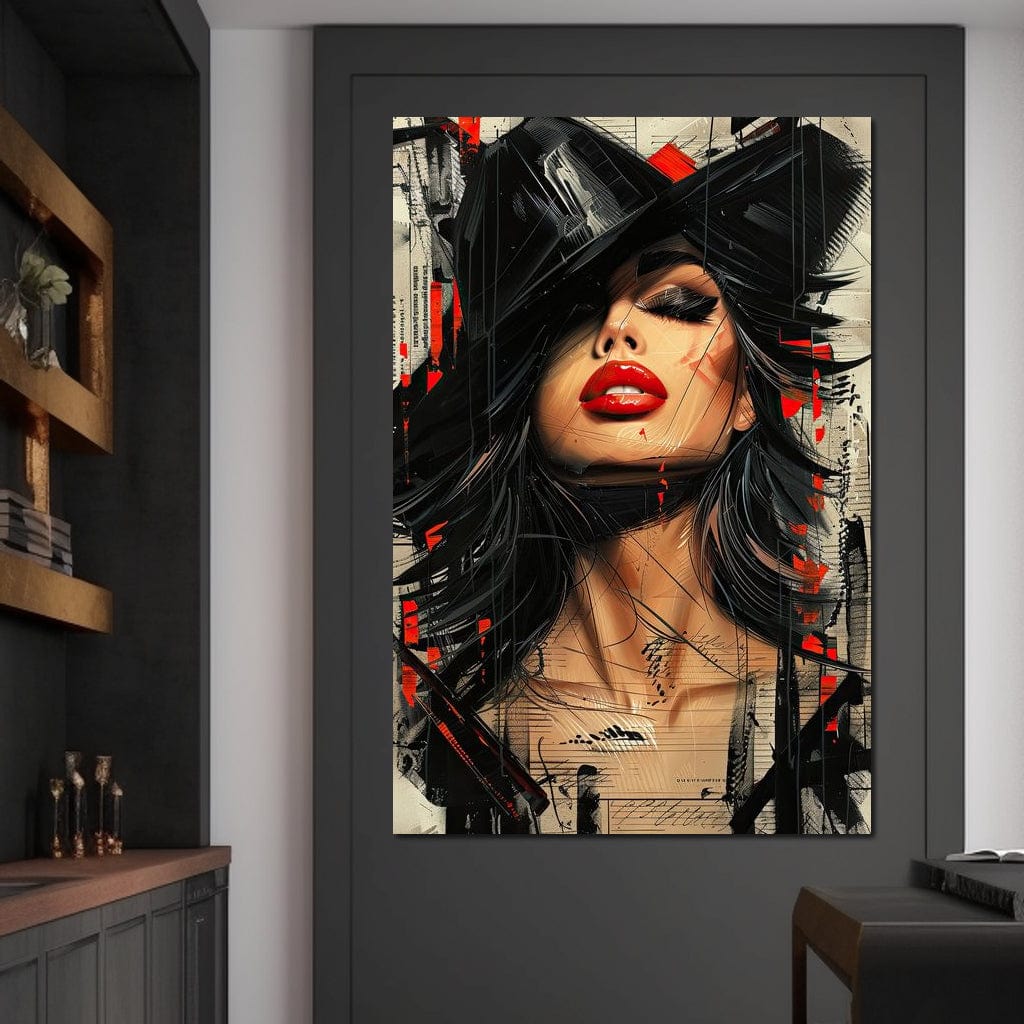 Tablou Canvas Premium, LuxCanva® G1101, Privirea de Catifea, Red, Lips, Privire, Pasiune, Negru, Eleganta, Glam, Palarie, Accesoriu, Living, Dormitor