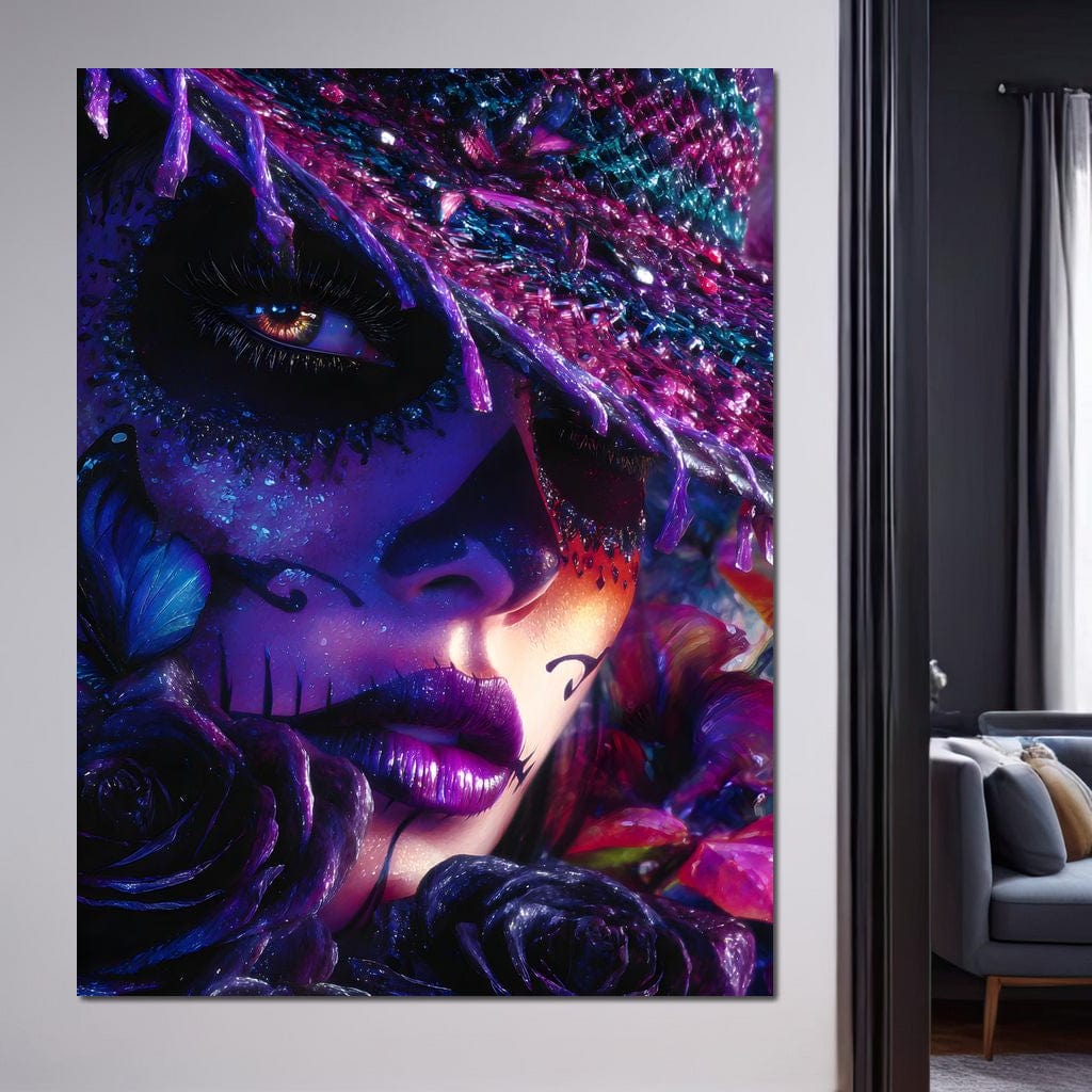 Tablou Canvas Premium, LuxCanva® G1156, Privirea care Vrajeste, Noapte, Mov, Palarie, Tatuaj, Trandafiri, Violet, Suflet, Ratacire, Mexic, Decorativ, Intens, Fascinant, Birou, Living, Dormitor