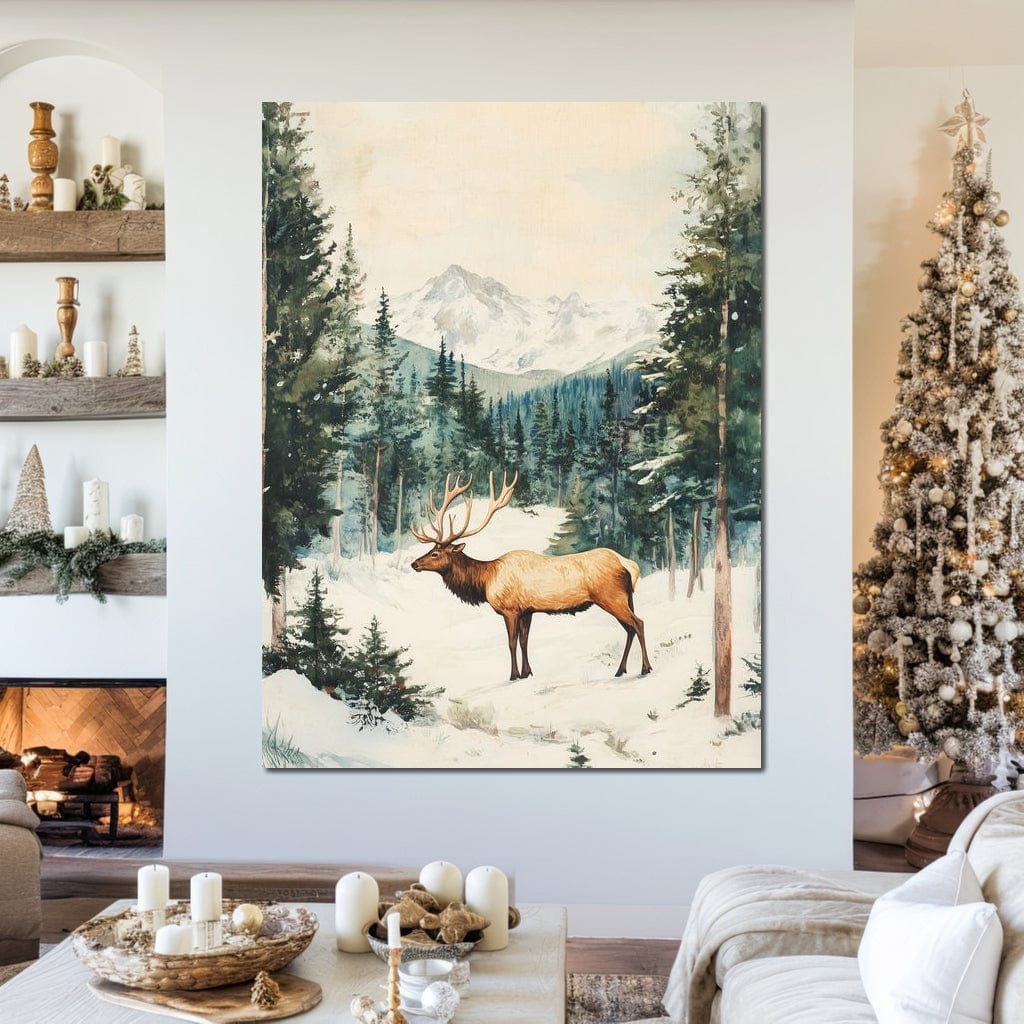 Tablou Canvas Premium LuxCanva® D1050, Cerbul din Muntii Inzapeziti , Cerb, Brazi, Munti, Natura, Zapada, Padure, Living Room, Culori vibrante