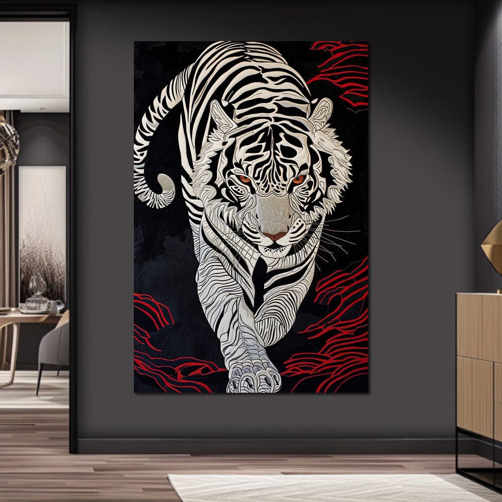 tablou canvas cu un tigru alb desenat in stil oriental, pe fundal intunecat cu accente rosii