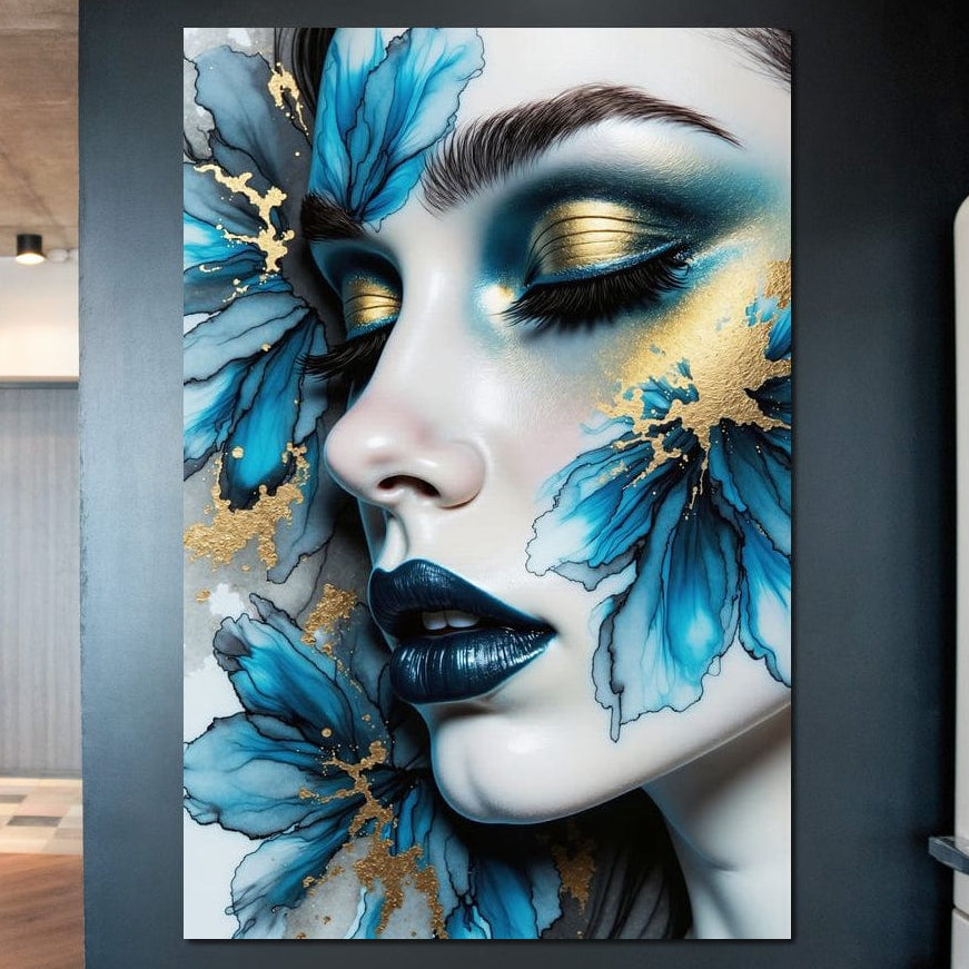 Tablou Canvas Premium, LuxCanva® G1241, In Flori de Gheata, Regina, Albastru, Aur, Vraja, Frig, Floare, Iarna, Cristal, Inima, Azur, Eclipsa, Renastere, Tacere, Liniste, Fotomodel, Salon, Living, Dormi