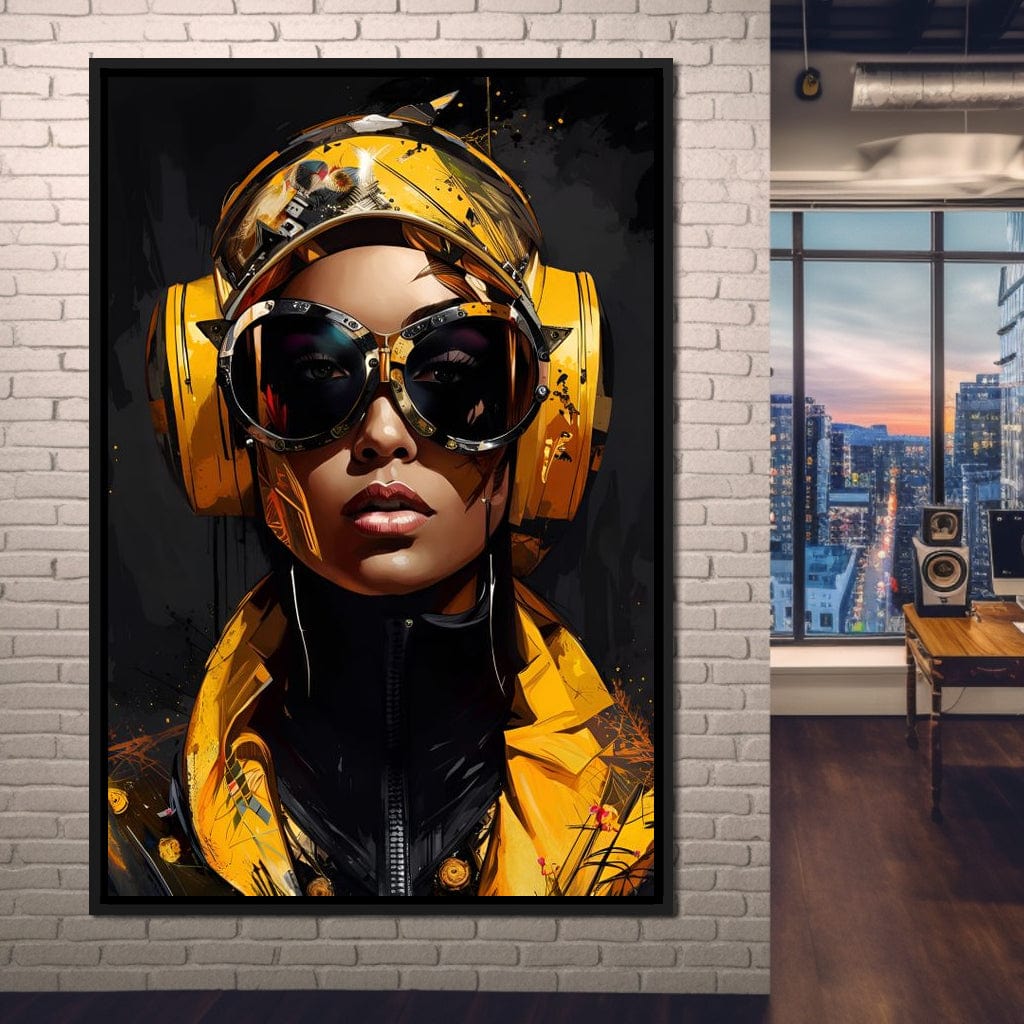 Tablou Canvas Premium, LuxCanva® G1098, Fata Viitorului, Privire, Cyber, Galben, Ochelari, Casti, Urban, Galactic, Avangardist, Living, Dormitor