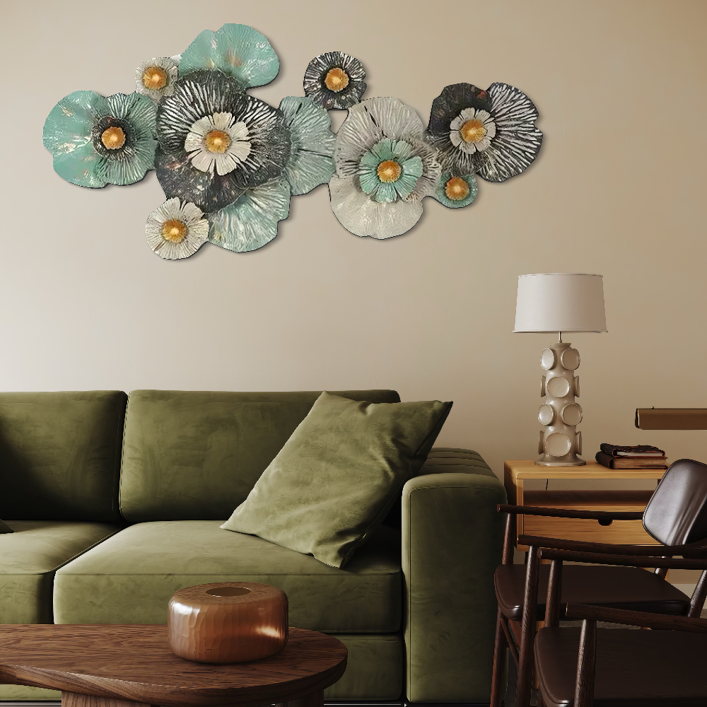 Decoratiune Metalica de Perete LuxCanva® FloraHarmony A0662, din Metal, Orizontala, Auriu, Alb, Negru, Verde, Dimensiune Mare 159 × 74 x 11 cm