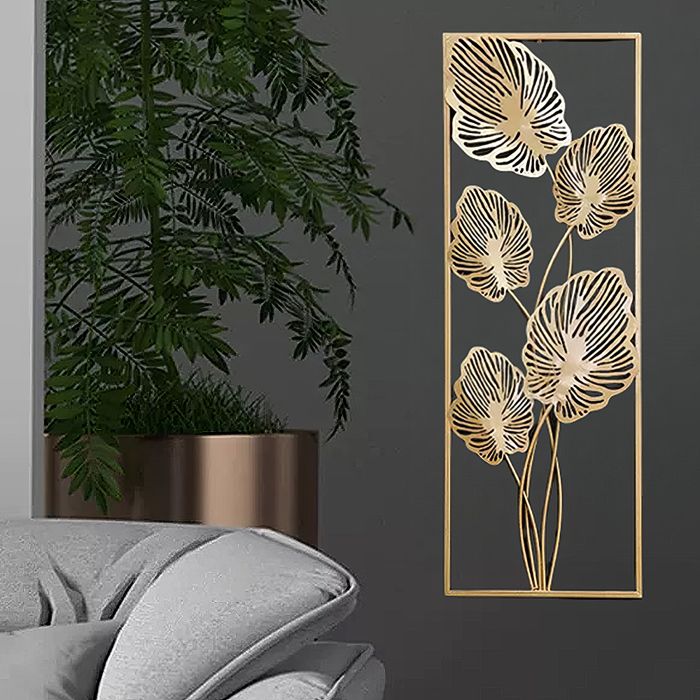 Decoratiune Metalica de Perete LuxCanva® Golden Leafs Contour A2923L, din Metal, Verticala, Auriu, Dimensiune Mare 30 × 85 × 3.5 cm