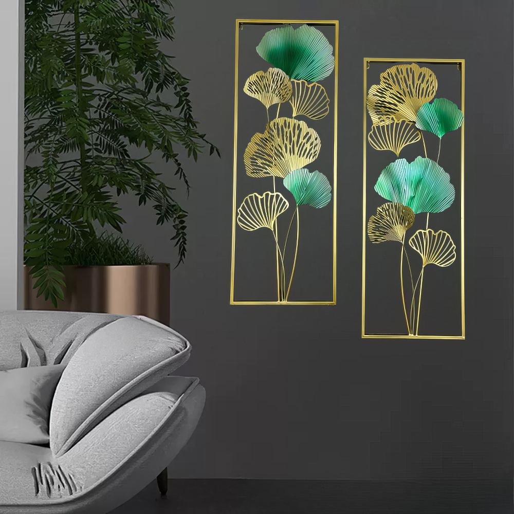 Set 2 Decoratiuni Metalice de Perete LuxCanva® TwinGinkgo A0822, din Metal, Verticale, Auriu, Verde, Dimensiune Mare 85 × 31 cm