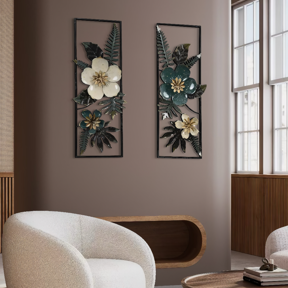 Set 2 Decoratiuni Metalice de Perete LuxCanva® Elisian Garden A2095, din Metal, Verticale, Verde, Alb, Auriu, Dimensiune Mare 31 × 89 cm