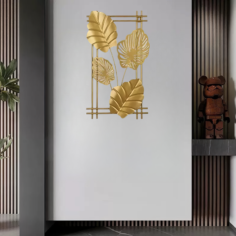 Decoratiune Metalica de Perete LuxCanva® 4Leafs Frame A2931, din Metal, Verticala, Auriu, Dimensiune Mare 30 × 45 × 2 cm