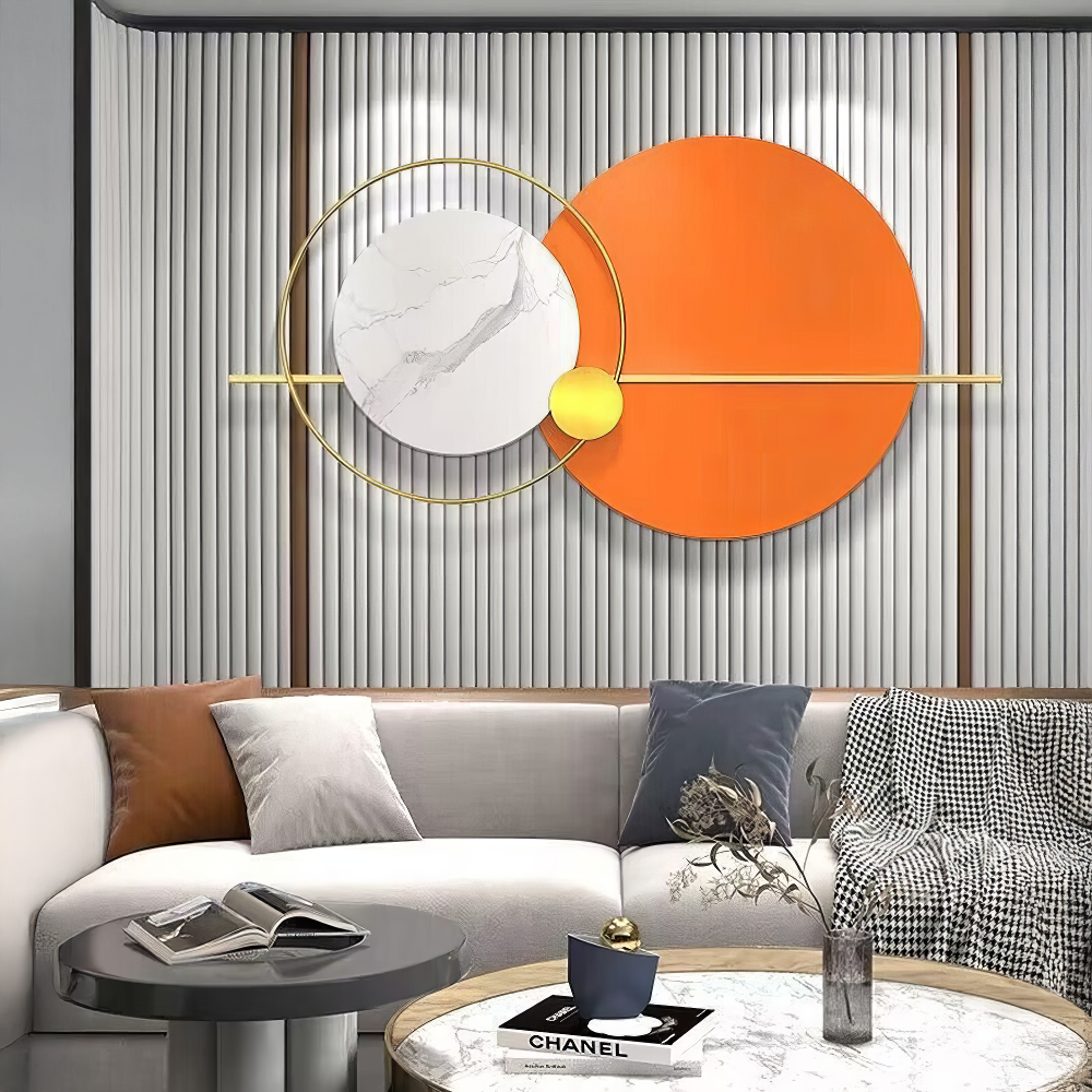 Decoratiune Metalica de Perete LuxCanva® Solar Harmony A2259, din Metal, Orizontala, Portocaliu, Alb, Auriu, Dimensiune Mare 110 x 60 cm