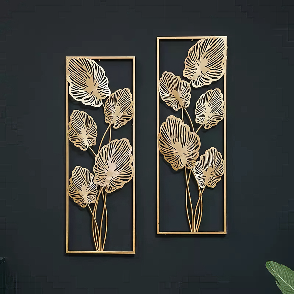 Set 2 Decoratiuni Metalice de Perete LuxCanva® Eden Leaf Frame A2002, din Metal, Verticale, Auriu, Dimensiune Mare 31 × 85 x 3.5 cm