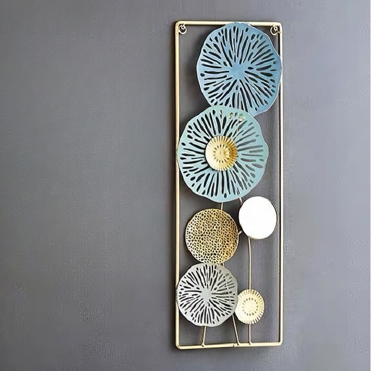 Decoratiune Metalica de Perete LuxCanva® BloomFrame A2920, din Metal, Verticala, Albastru, Auriu, Argintiu, 22 × 60 x 2 cm