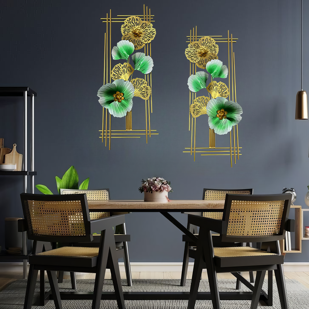 Decoratiune Metalica de Perete LuxCanva® Emerald Bloom A2001, din Metal, Verticala, Auriu, Verde, Dimensiune Mare 85 × 31 cm