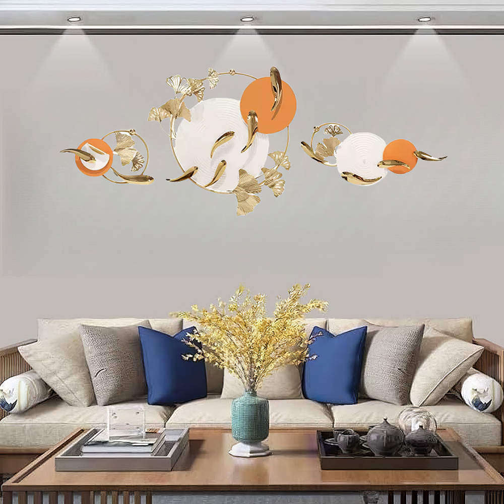 Decoratiune Metalica de Perete LuxCanva® Sun Aura A2556, din Metal, Orizontala, Alb, Auriu si Portocaliu, Dimensiune Mare 200 x 65 cm