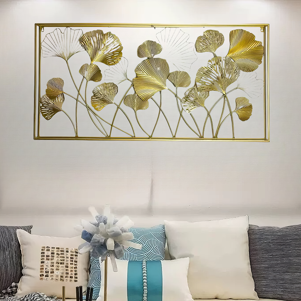 Decoratiune Metalica de Perete LuxCanva® GinkgoAura A0823, din Metal, Orizontala, Auriu, Dimensiune Mare 125 x 60 cm
