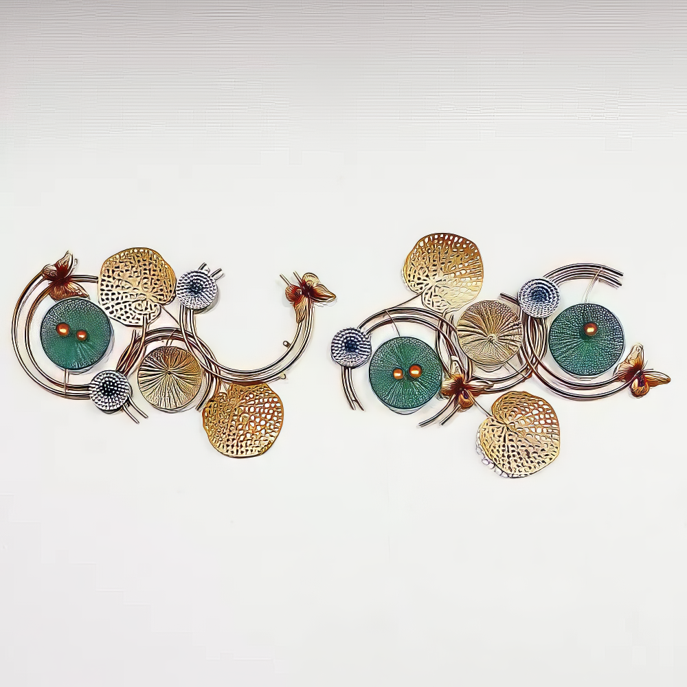 Decoratiune Metalica de Perete LuxCanva® Azure Symphony A2137, din Metal, Orizontala, Albastru, Auriu, Dimensiune Mare 120 x 47 cm