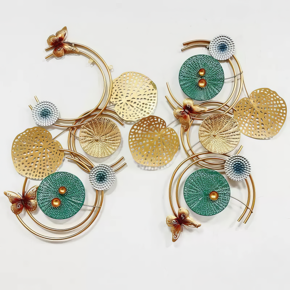 Decoratiune Metalica de Perete LuxCanva® Azure Symphony A2137, din Metal, Orizontala, Albastru, Auriu, Dimensiune Mare 120 x 47 cm