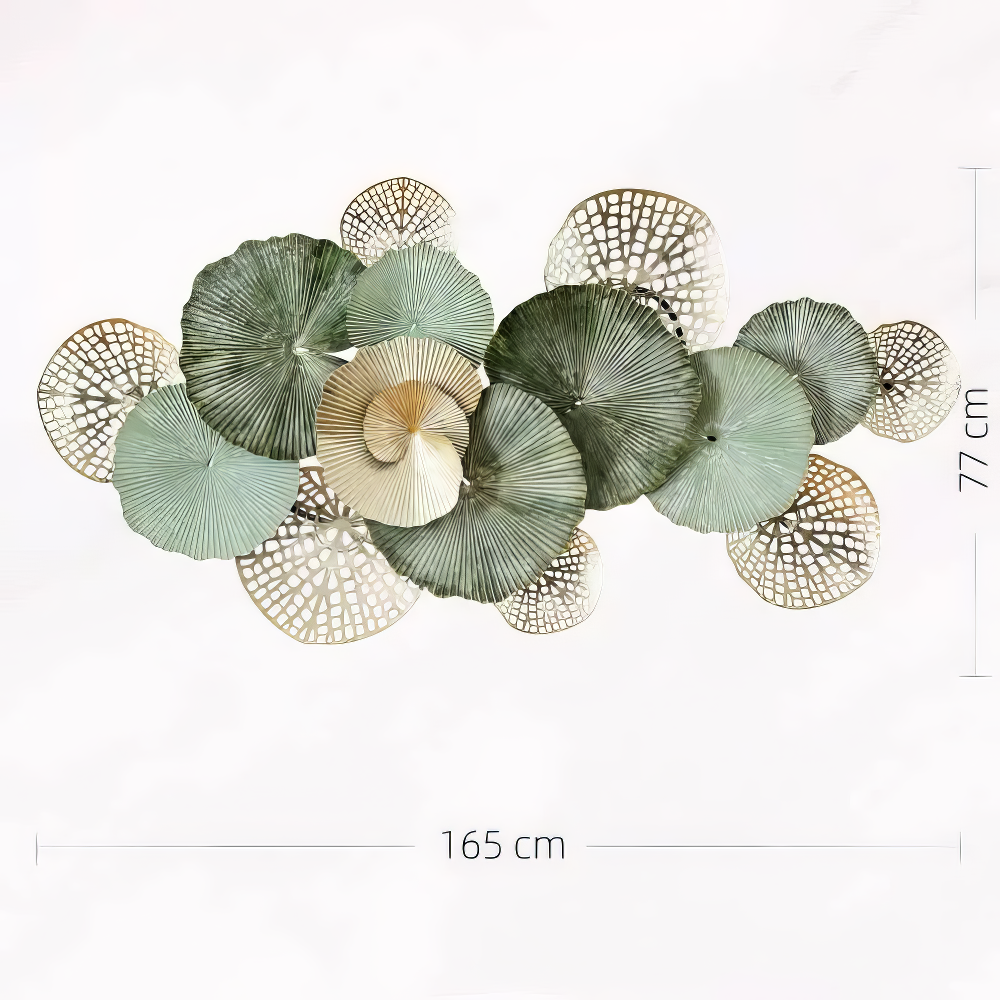 Decoratiune Metalica de Perete LuxCanva® Green Serenity A2508, din Metal, Orizontala, Verde Salvie, Auriu, Dimensiune Mare 165 x 77 cm