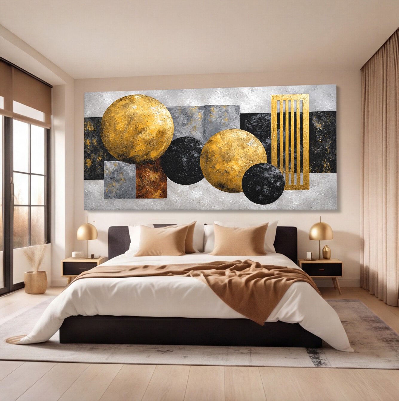 Tablou Canvas Premium LuxCanva® 1318, Armonie Geometrica Aurie, Geometrie, Abstract, Auriu, Birou, Modern, Culori Vibrante