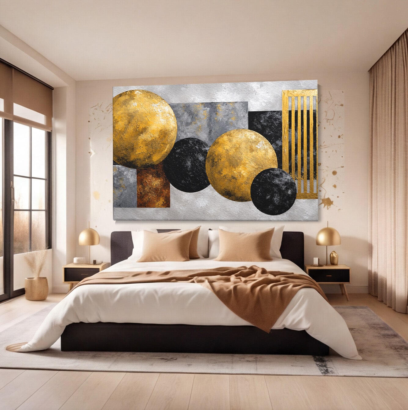 Tablou Canvas Premium LuxCanva® 1318, Armonie Geometrica Aurie, Geometrie, Abstract, Auriu, Birou, Modern, Culori Vibrante