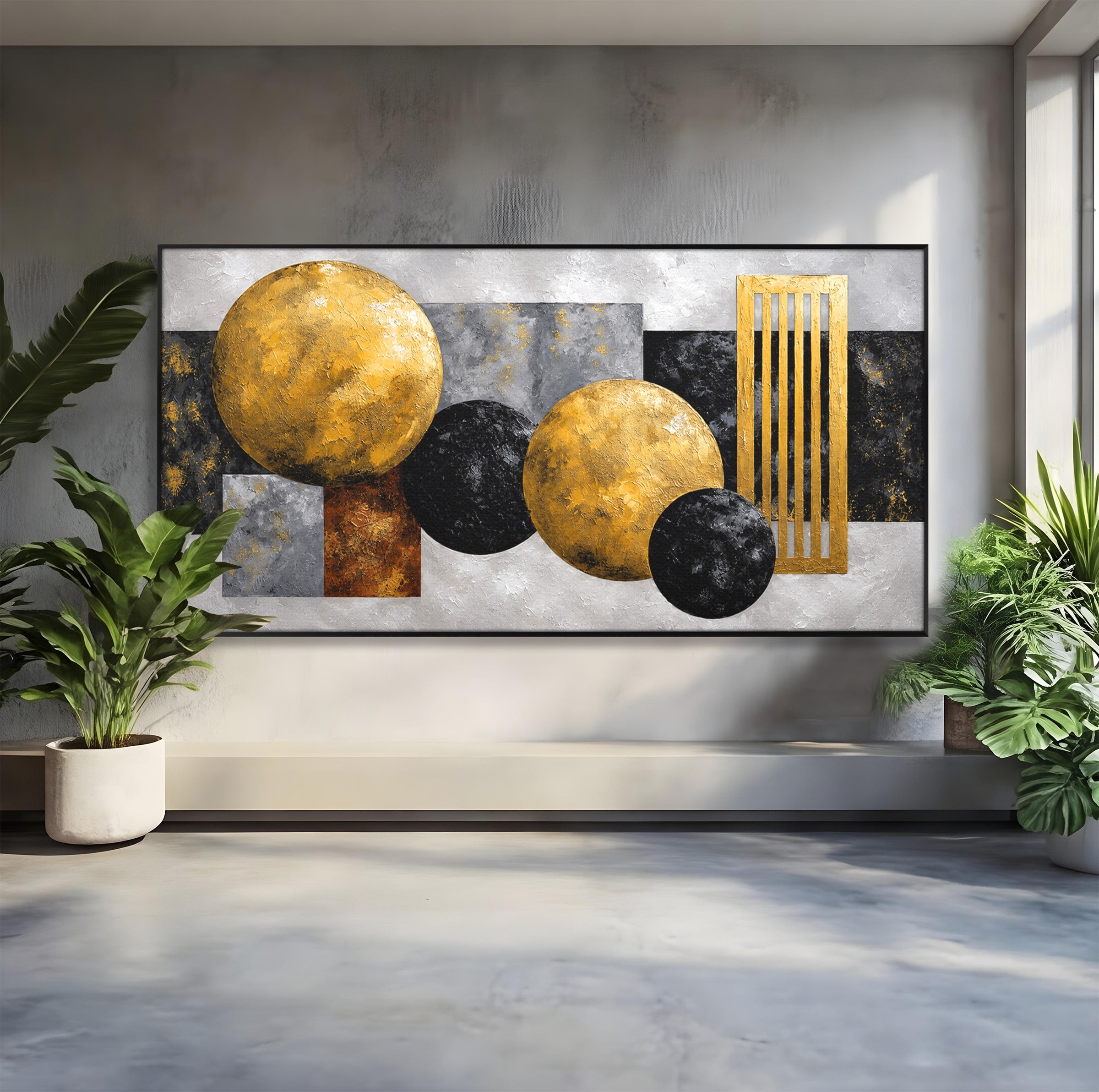 Tablou Canvas Premium LuxCanva® 1318, Armonie Geometrica Aurie, Geometrie, Abstract, Auriu, Birou, Modern, Culori Vibrante